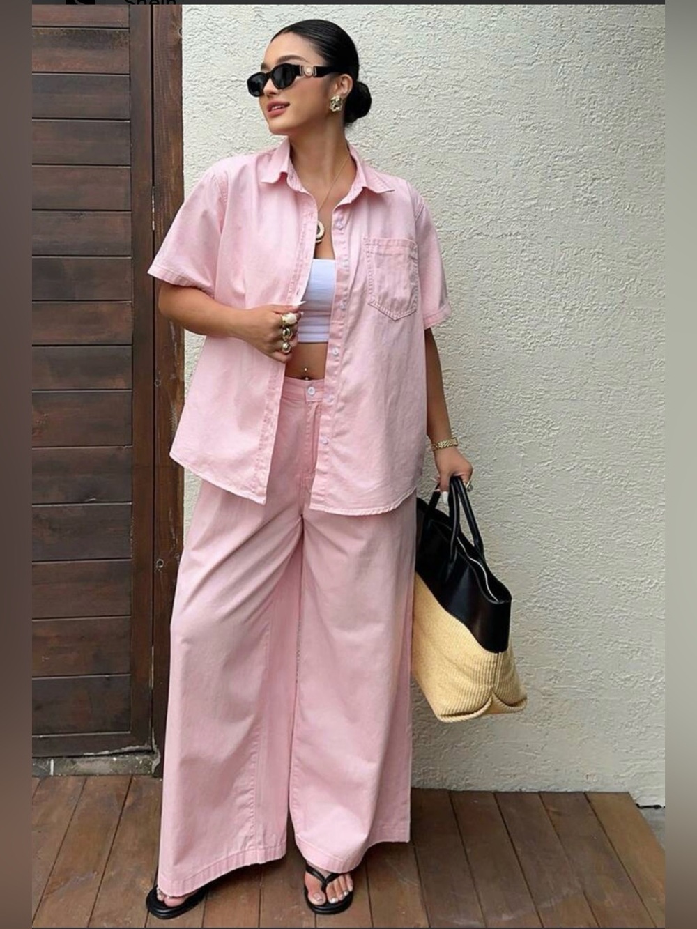 Relaxed Wide-Leg Pink Pants & Shirt Set